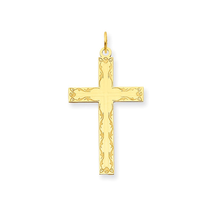 Million Charms 14K Yellow Gold Themed Laser Designed Relgious Cross Pendant