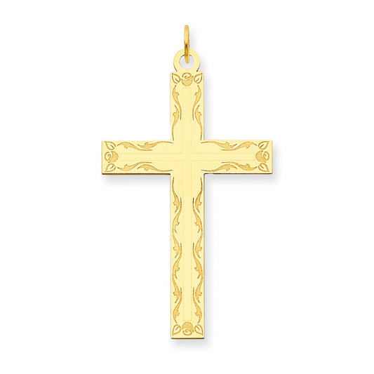Million Charms 14K Yellow Gold Themed Laser Designed Relgious Cross Pendant