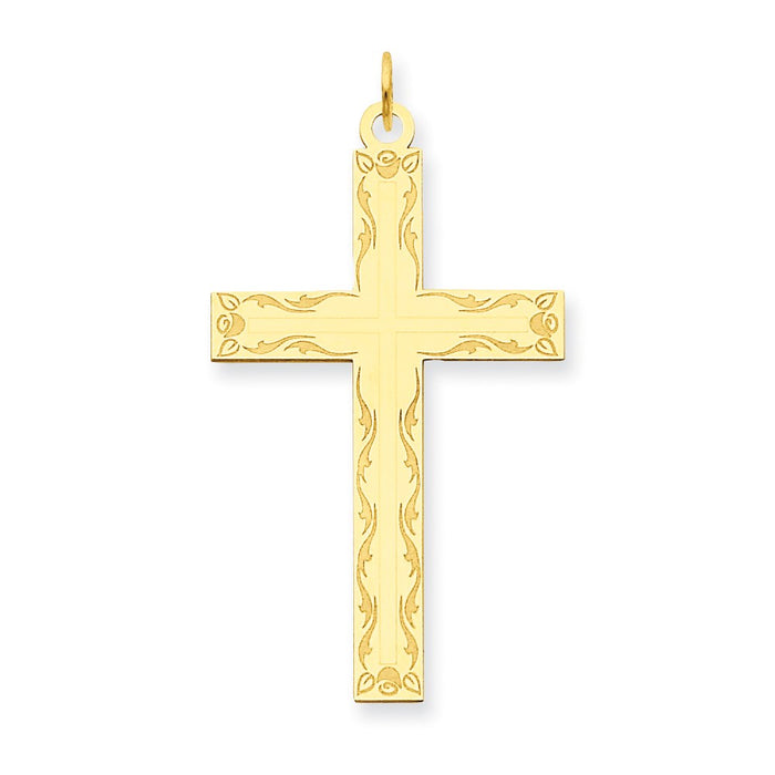 Million Charms 14K Yellow Gold Themed Laser Designed Relgious Cross Pendant