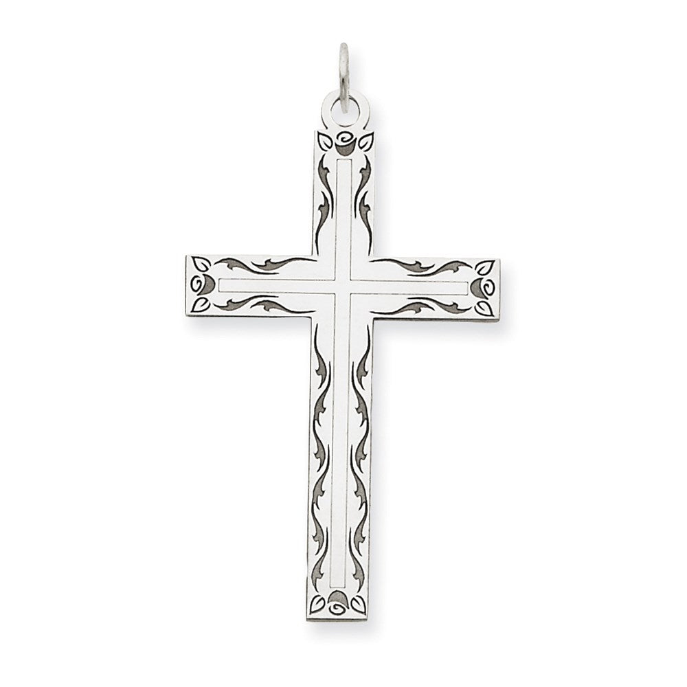 Million Charms 14K White Gold Themed Laser Designed Relgious Cross Pendant
