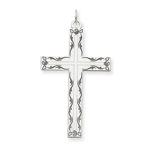 Dije de cruz religiosa con diseño láser temático de Million Charms en oro blanco de 14 quilates