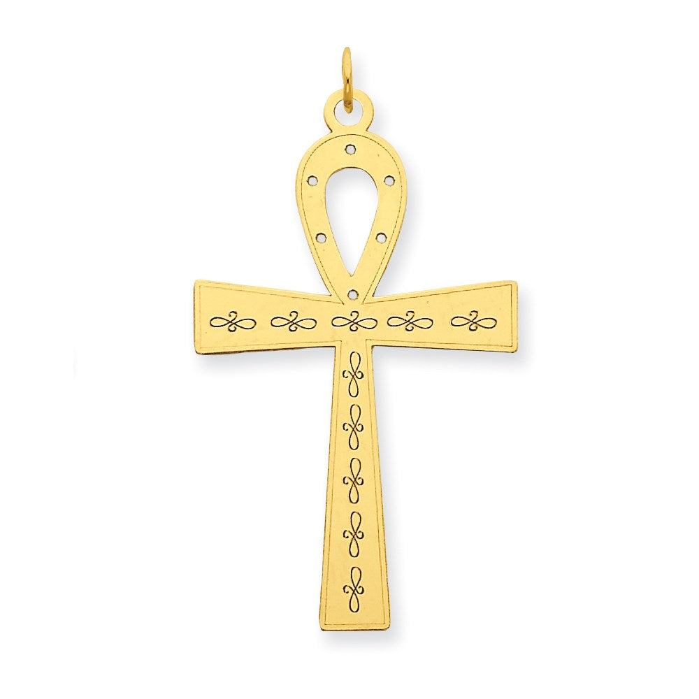 Million Charms 14K Yellow Gold Themed Laser Designed Ankh Relgious Cross Pendant