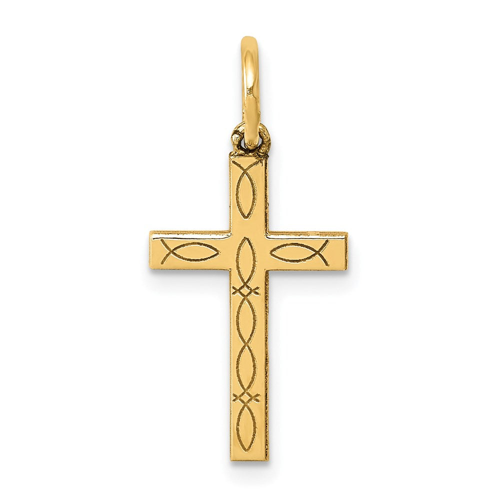 Million Charms 14K Yellow Gold Themed Laser Designed Relgious Cross Charm