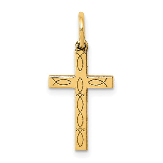 Million Charms 14K Yellow Gold Themed Laser Designed Relgious Cross Charm
