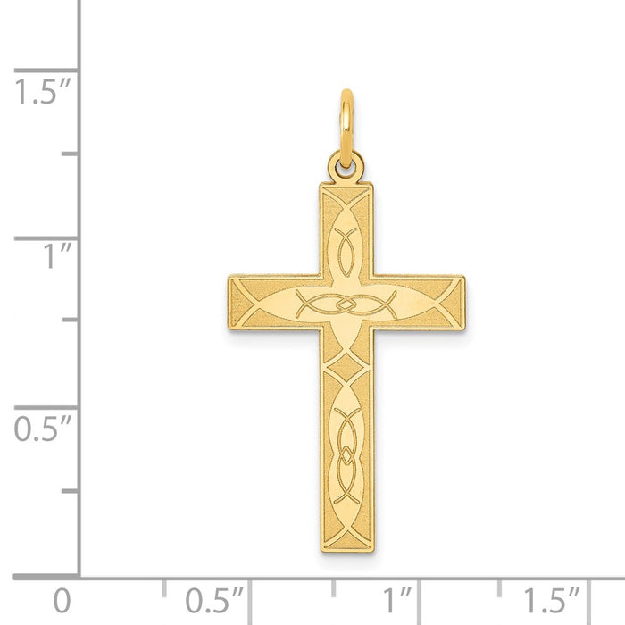 Million Charms 14K Yellow Gold Themed Laser Designed Relgious Cross Pendant