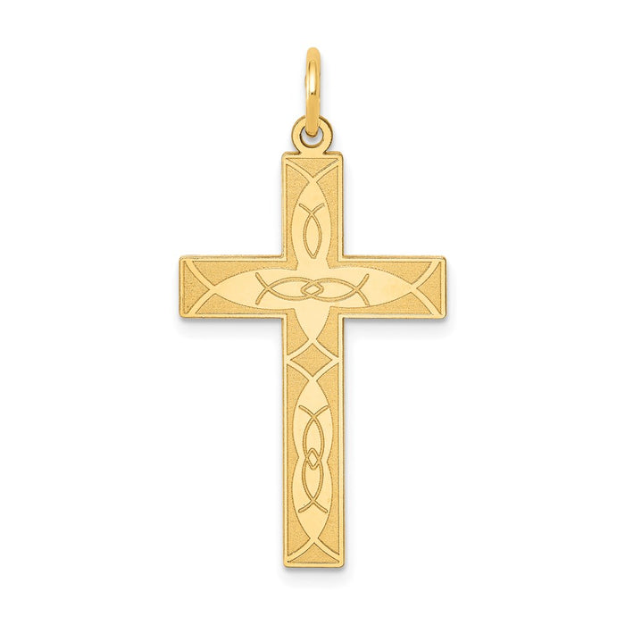 Million Charms 14K Yellow Gold Themed Laser Designed Relgious Cross Pendant