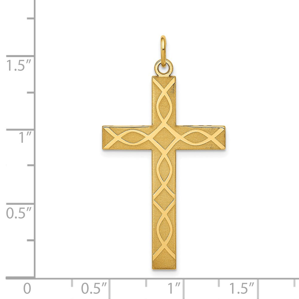 Million Charms 14K Yellow Gold Themed Laser Designed Relgious Cross Pendant