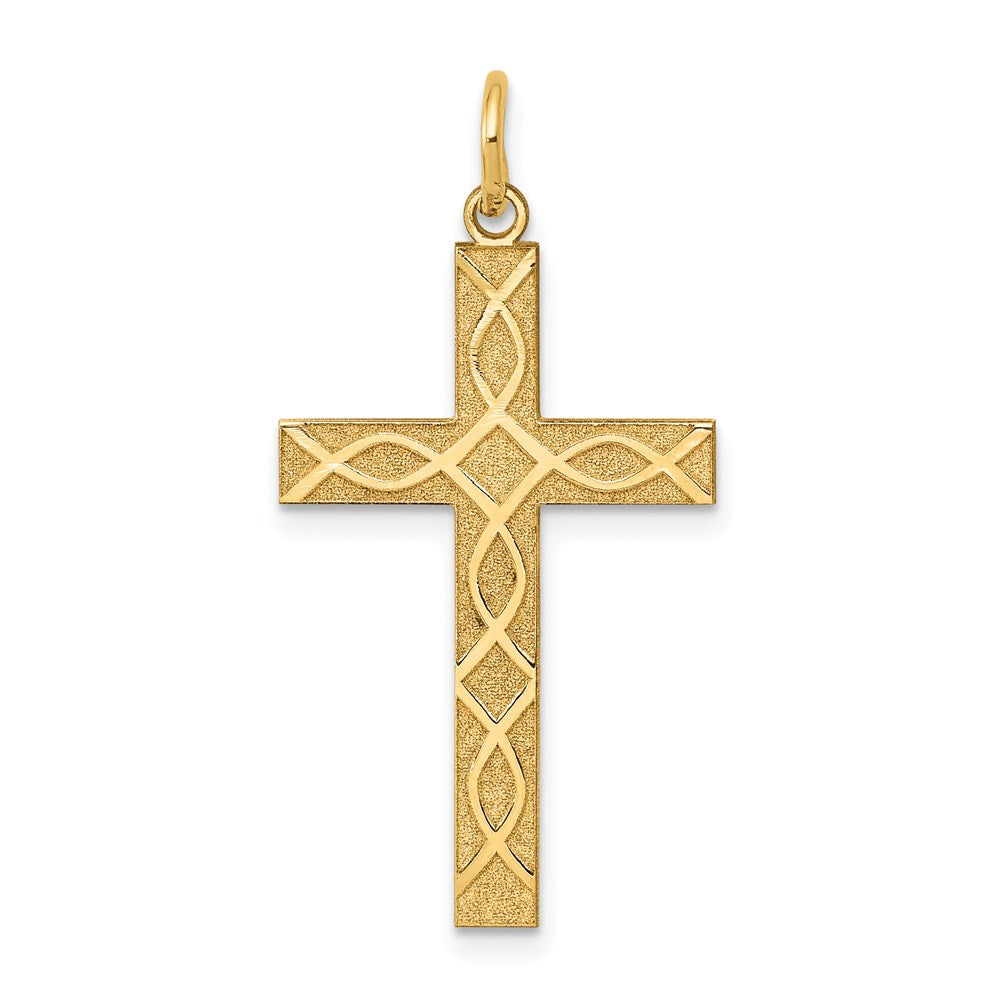 Million Charms 14K Yellow Gold Themed Laser Designed Relgious Cross Pendant