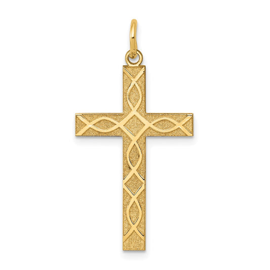 Million Charms 14K Yellow Gold Themed Laser Designed Relgious Cross Pendant