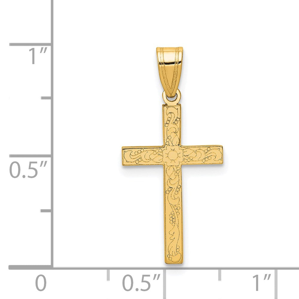 Million Charms 14K Yellow Gold Themed Etched Floral Relgious Cross Pendant