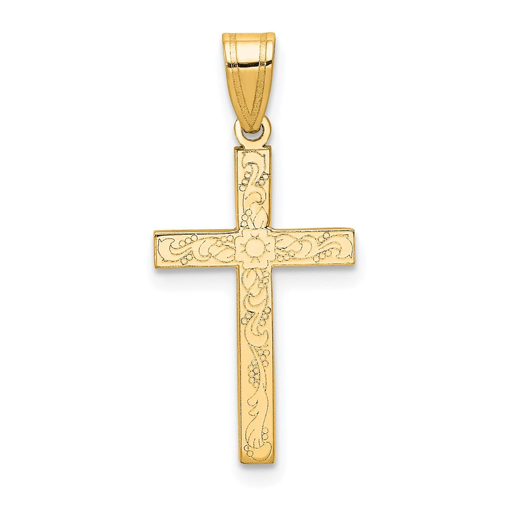 Million Charms 14K Yellow Gold Themed Etched Floral Relgious Cross Pendant