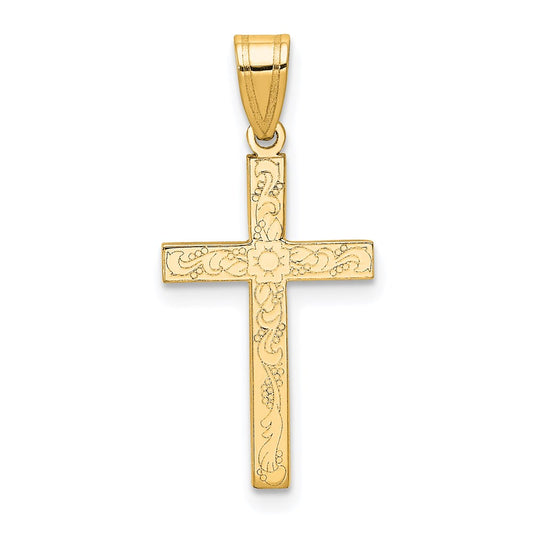 Million Charms 14K Yellow Gold Themed Etched Floral Relgious Cross Pendant