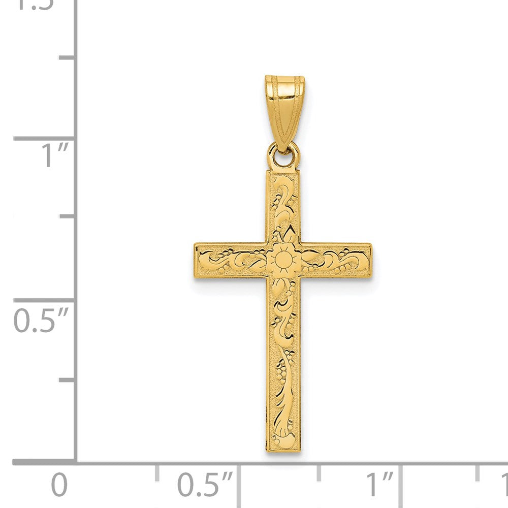 Million Charms 14K Yellow Gold Themed Etched Floral Relgious Cross Pendant