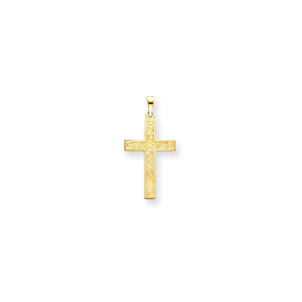 Million Charms 14K Yellow Gold Themed Etched Floral Relgious Cross Pendant