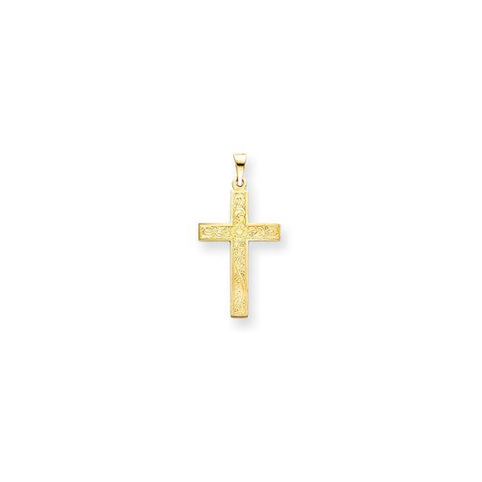 Million Charms 14K Yellow Gold Themed Etched Floral Relgious Cross Pendant