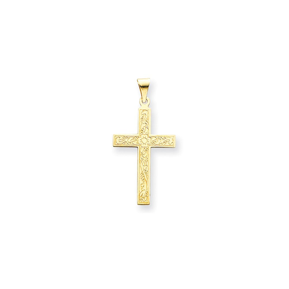 Million Charms 14K Yellow Gold Themed Etched Floral Relgious Cross Pendant