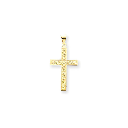 Million Charms 14K Yellow Gold Themed Etched Floral Relgious Cross Pendant