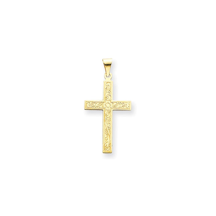 Million Charms 14K Yellow Gold Themed Etched Floral Relgious Cross Pendant