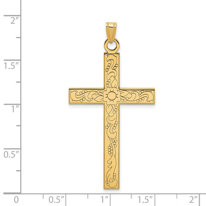 Million Charms 14K Yellow Gold Themed Etched Floral Design Relgious Cross Pendant
