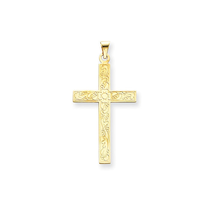 Million Charms 14K Yellow Gold Themed Etched Floral Design Relgious Cross Pendant