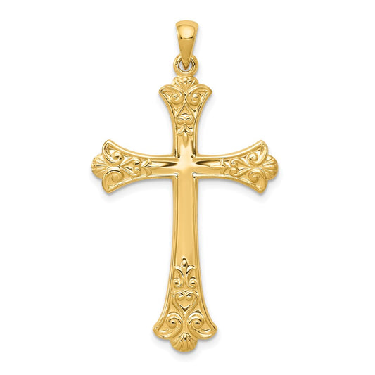 Million Charms 14K Yellow Gold Themed Fleur De Lis Relgious Cross Pendant