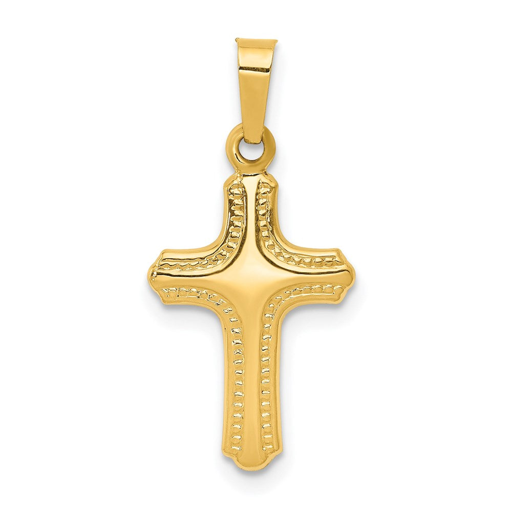Million Charms 14K Yellow Gold Themed Polished, Textured Relgious Cross Pendant