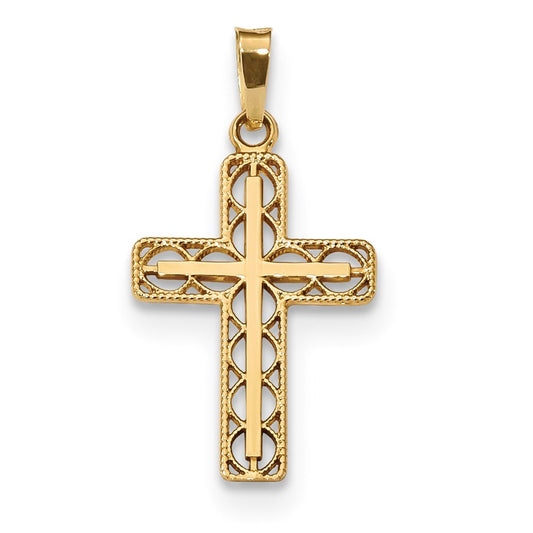 Million Charms 14K Yellow Gold Themed Polished Filigree Relgious Cross Pendant
