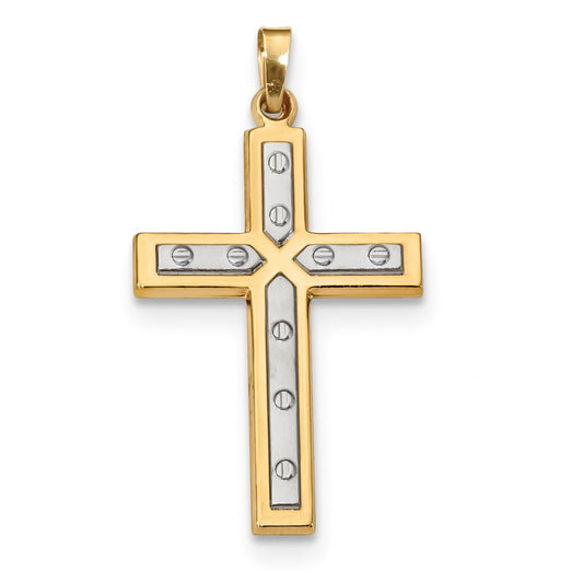 Million Charms 14K Yellow Gold Themed With Rhodium-plated Polished & Satin Relgious Cross Pendant