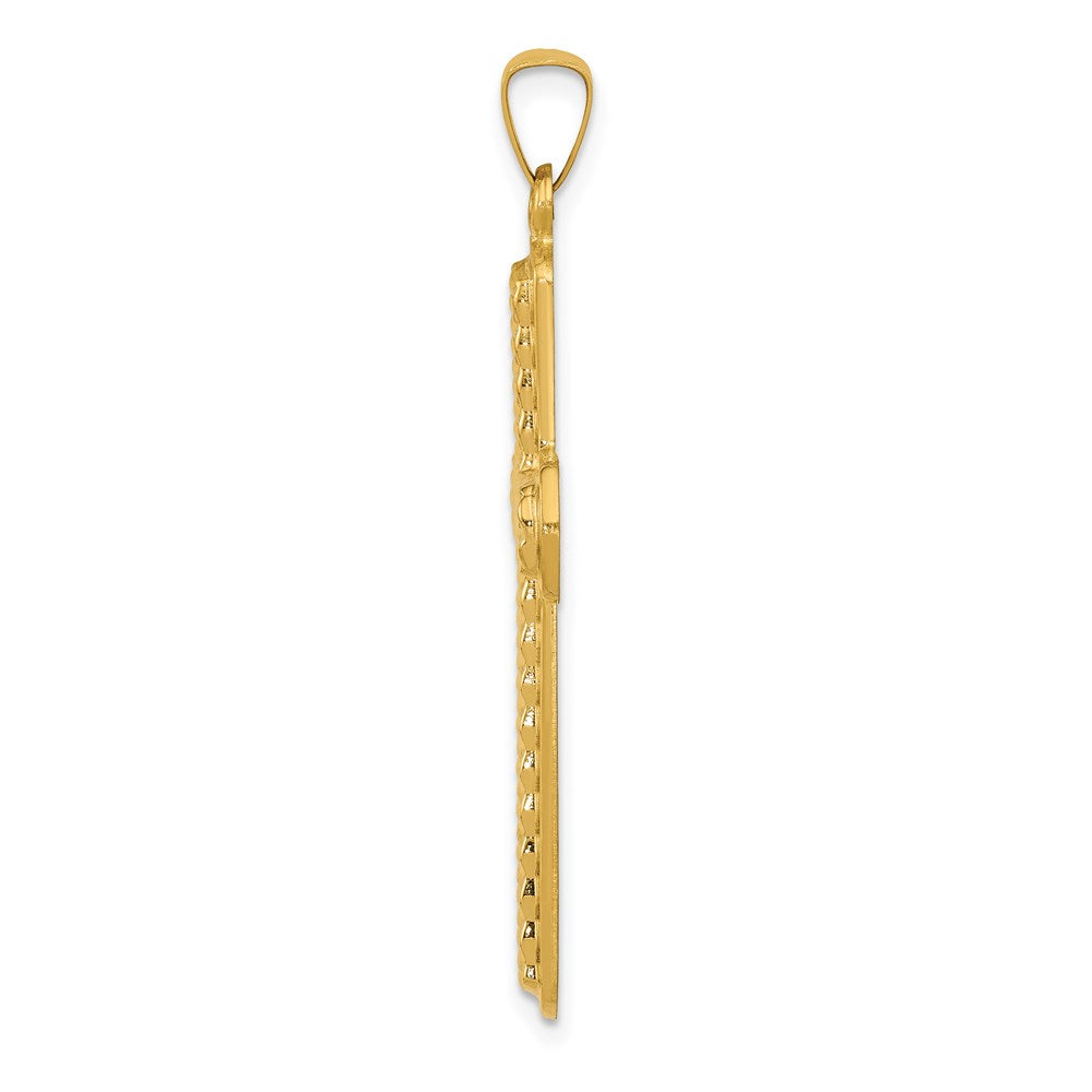 Million Charms 14K Yellow Gold Themed Polished, Textured Relgious Cross Pendant
