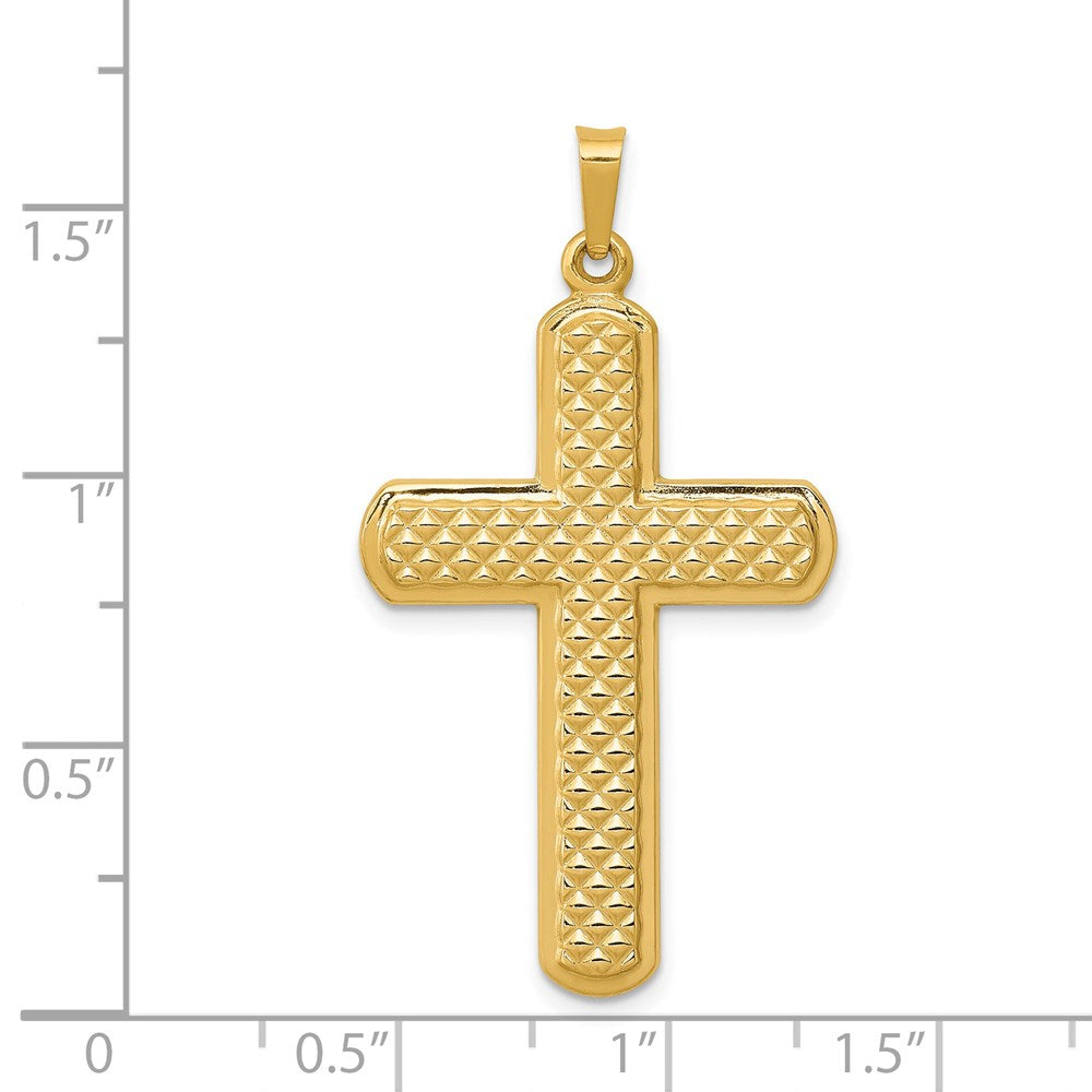 Million Charms 14K Yellow Gold Themed Polished, Textured Relgious Cross Pendant