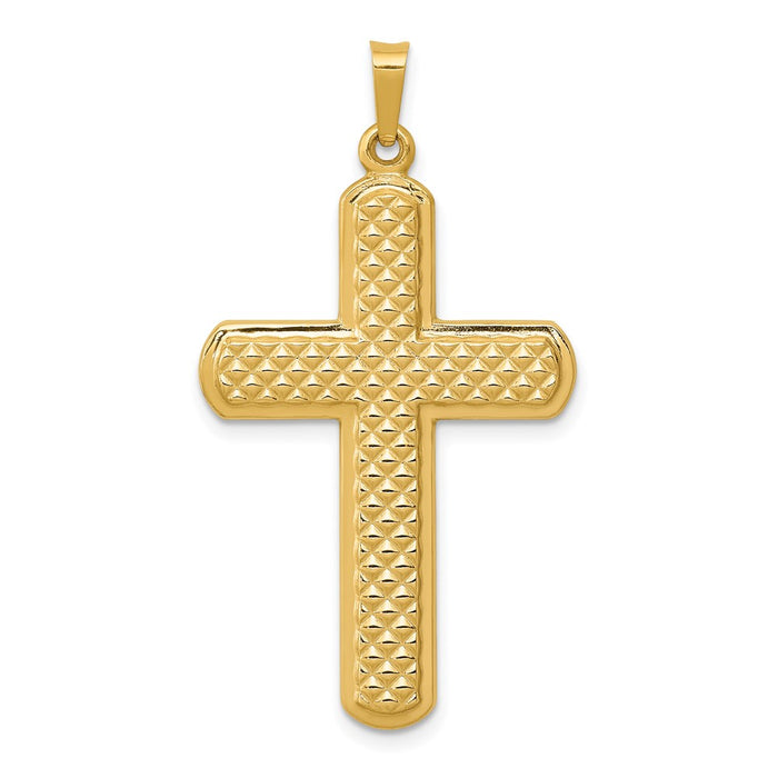 Million Charms 14K Yellow Gold Themed Polished, Textured Relgious Cross Pendant