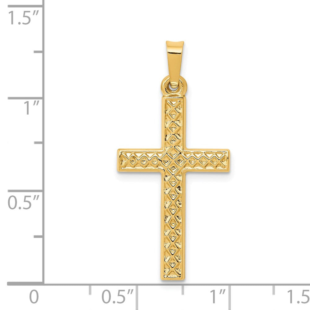 Million Charms 14K Yellow Gold Themed Polished Lattice Textured Relgious Cross Pendant