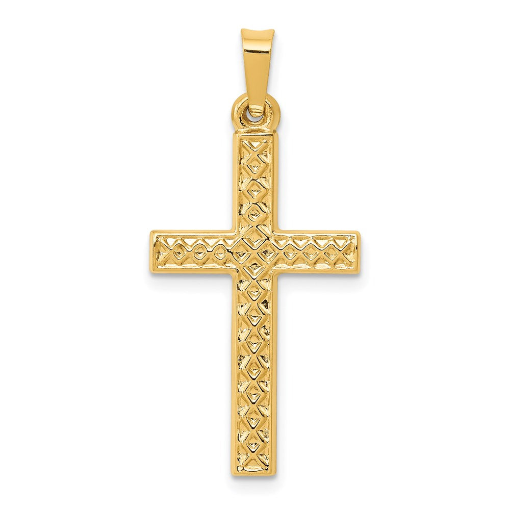 Million Charms 14K Yellow Gold Themed Polished Lattice Textured Relgious Cross Pendant