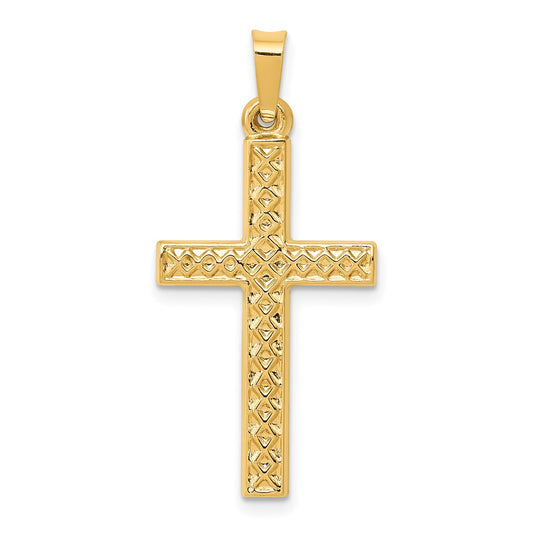Million Charms 14K Yellow Gold Themed Polished Lattice Textured Relgious Cross Pendant