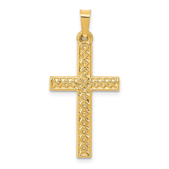 Million Charms 14K Yellow Gold Themed Polished Lattice Textured Relgious Cross Pendant