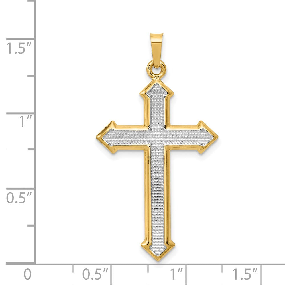 Million Charms 14K Yellow Gold Themed With Rhodium-plated Polished, Textured Passion Relgious Cross Pendant