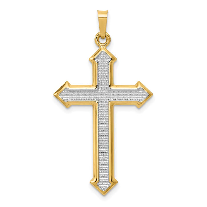 Million Charms 14K Yellow Gold Themed With Rhodium-plated Polished, Textured Passion Relgious Cross Pendant