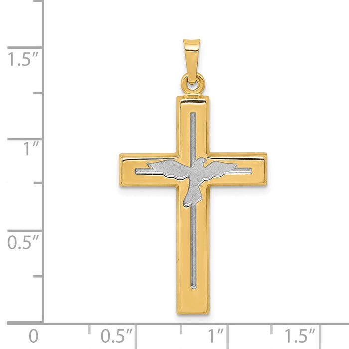 Million Charms 14K Yellow Gold Themed With Rhodium-plated Polished & Satin Relgious Cross With Dove Pendant