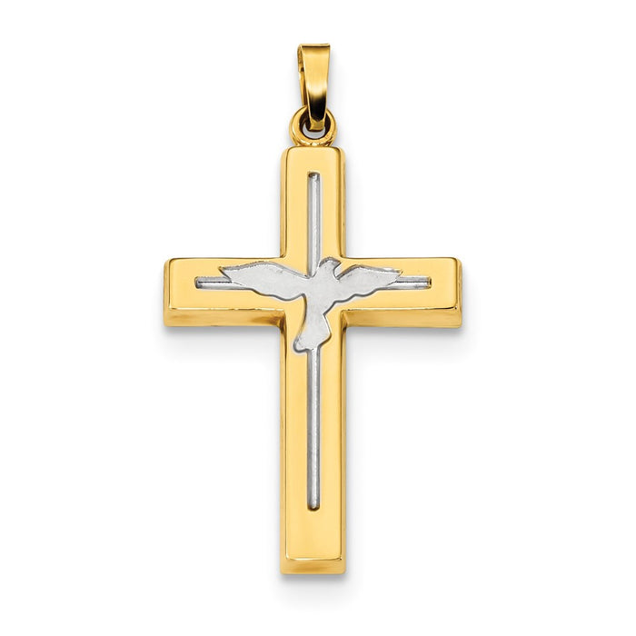 Million Charms 14K Yellow Gold Themed With Rhodium-plated Polished & Satin Relgious Cross With Dove Pendant