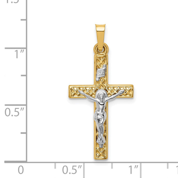 Million Charms 14K Two-Tone Polished Lattice Textured Inri Relgious Crucifix Pendant