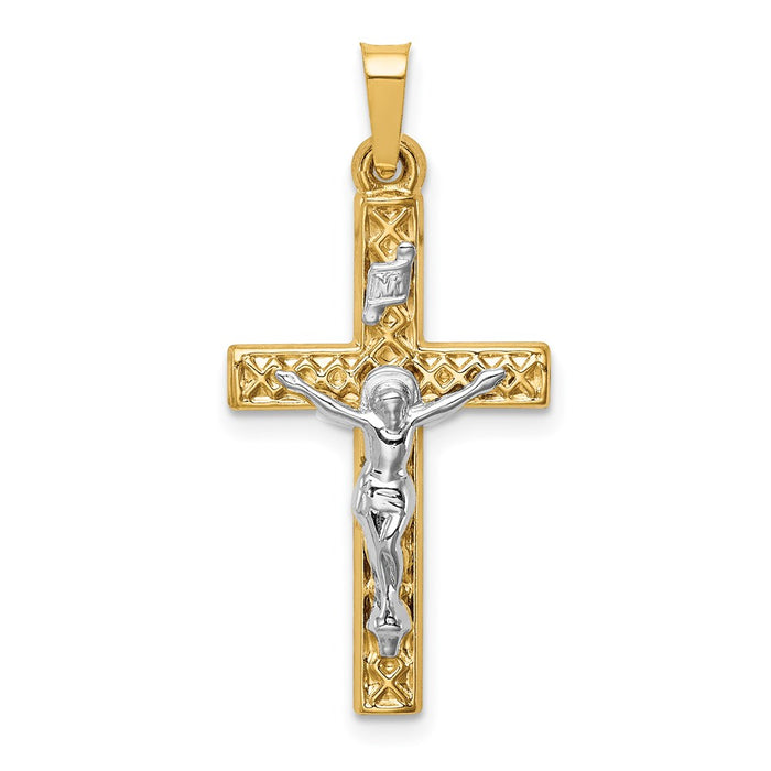 Million Charms 14K Two-Tone Polished Lattice Textured Inri Relgious Crucifix Pendant