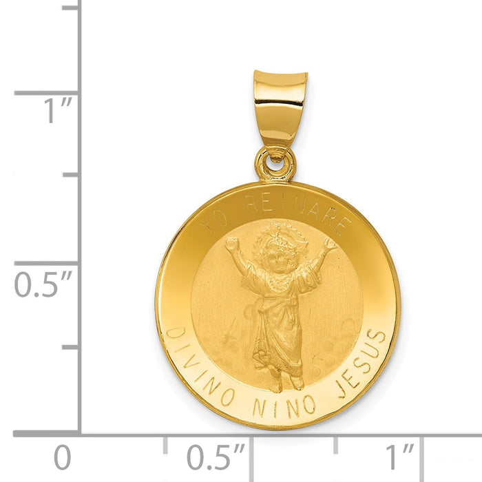 Million Charms 14K Yellow Gold Themed Polished & Satin Hollow Divino Nino Round Medal Pendant