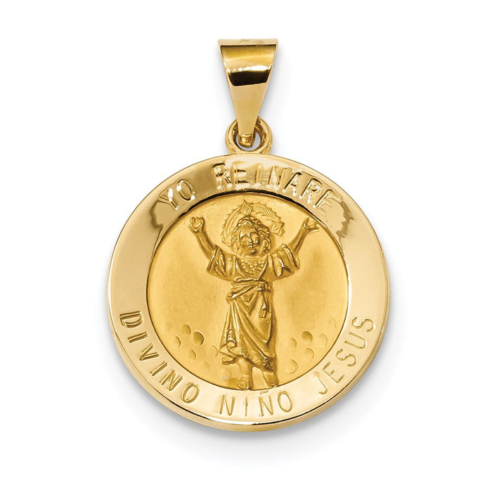 Million Charms 14K Yellow Gold Themed Polished & Satin Hollow Divino Nino Round Medal Pendant