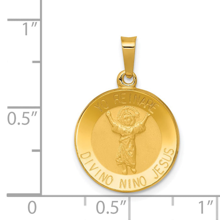 Million Charms 14K Yellow Gold Themed Polished & Satin Hollow Divino Nino Round Medal Pendant