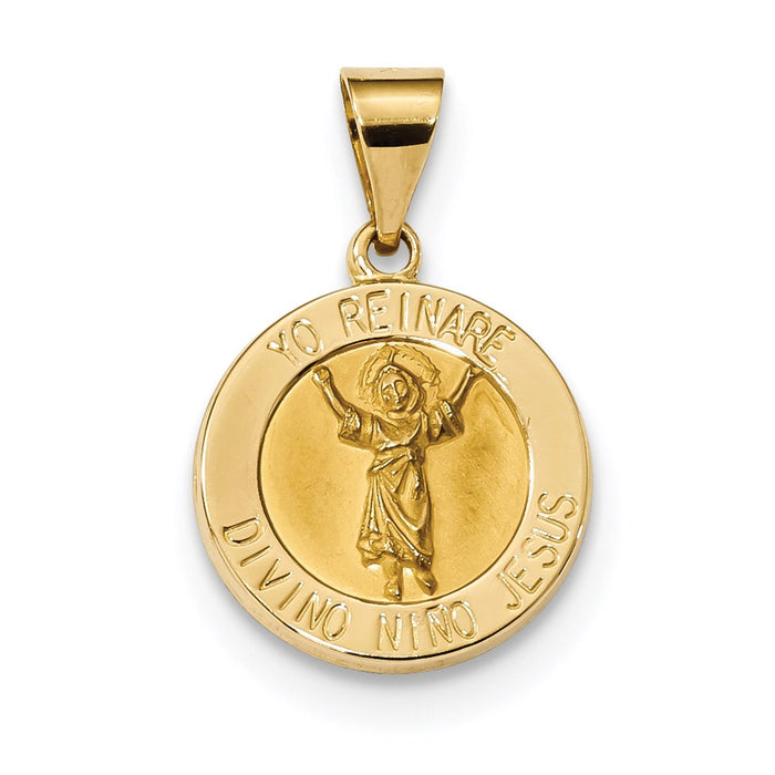 Million Charms 14K Yellow Gold Themed Polished & Satin Hollow Divino Nino Round Medal Pendant