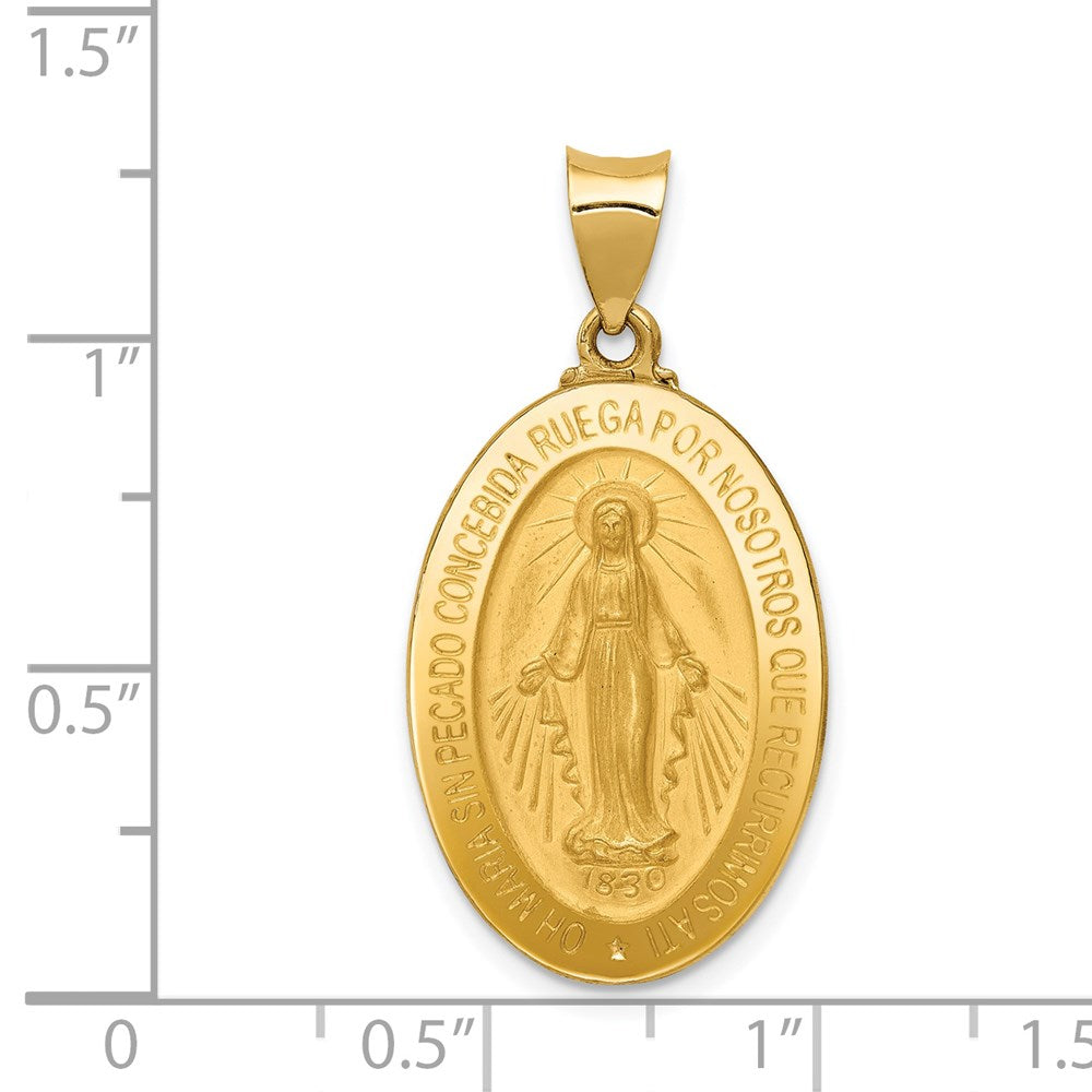 Million Charms 14K Yellow Gold Themed Polished, Satin Hollow Spanish Religious Miraculous Medal Pendant