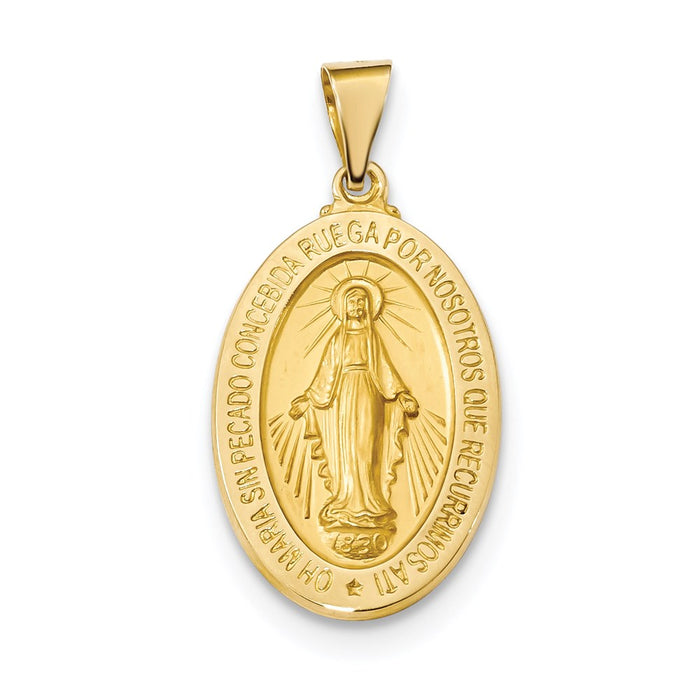 Million Charms 14K Yellow Gold Themed Polished, Satin Hollow Spanish Religious Miraculous Medal Pendant