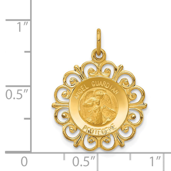 Million Charms 14K Yellow Gold Themed Polished, Satin Spanish Guardian Angel Medal Pendant