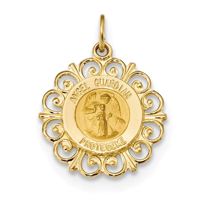 Million Charms 14K Yellow Gold Themed Polished, Satin Spanish Guardian Angel Medal Pendant