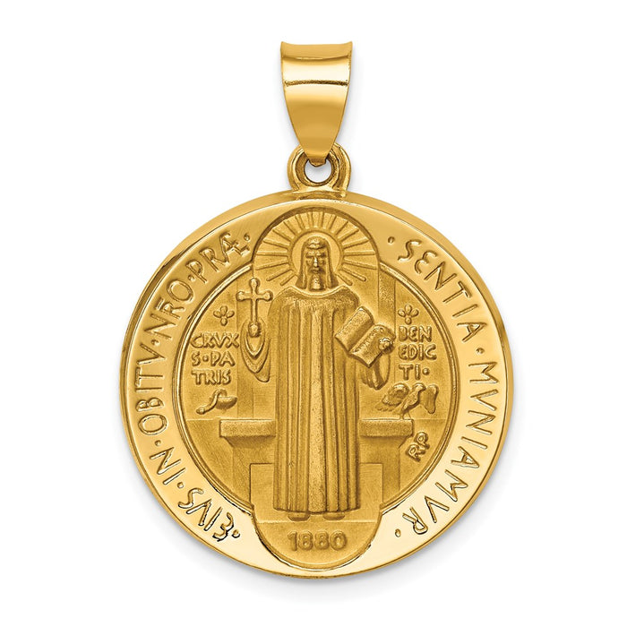 Million Charms 14K Yellow Gold Themed Polished & Satin Religious Saint Benedict Reversible Hollow Medal